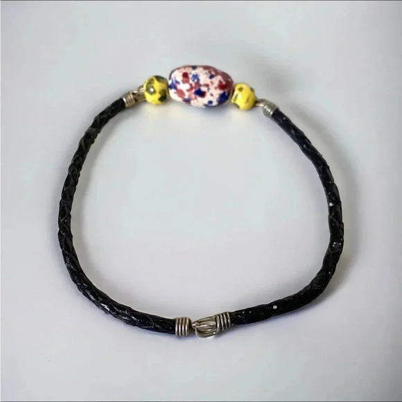 Vintage Braided Leather Art Glass Bead Anklet 9” - Picture 2 of 2